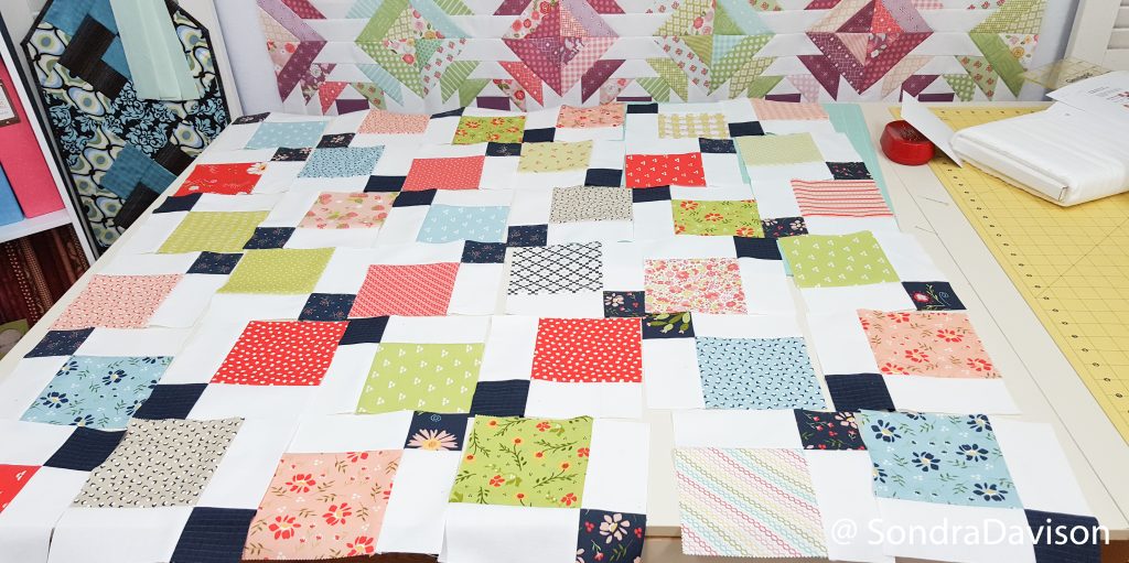 Disaappearing 9-patch quilt blocks being assembled making for the Enjoy Today quilt.
